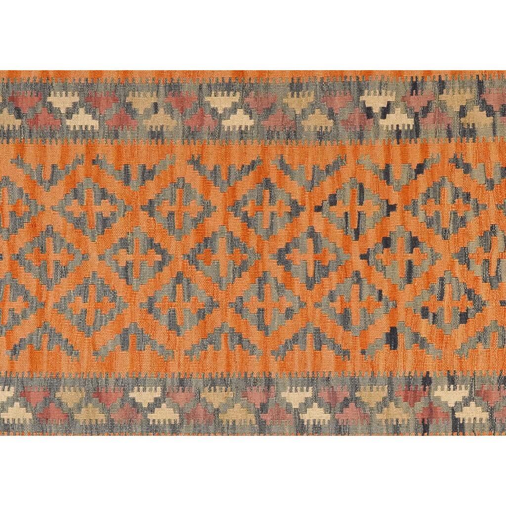 Covor traversa din lână țesut manual cu motive geometrice predominant portocaliu in detaliu, Kilim Gashghai (403cm x 86cm)