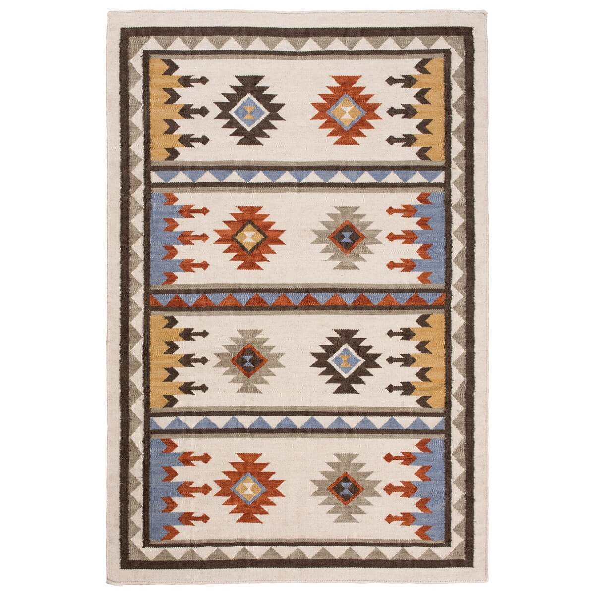 covor kilim sakala gri cu modele geometrice colorate, tesut manual in india