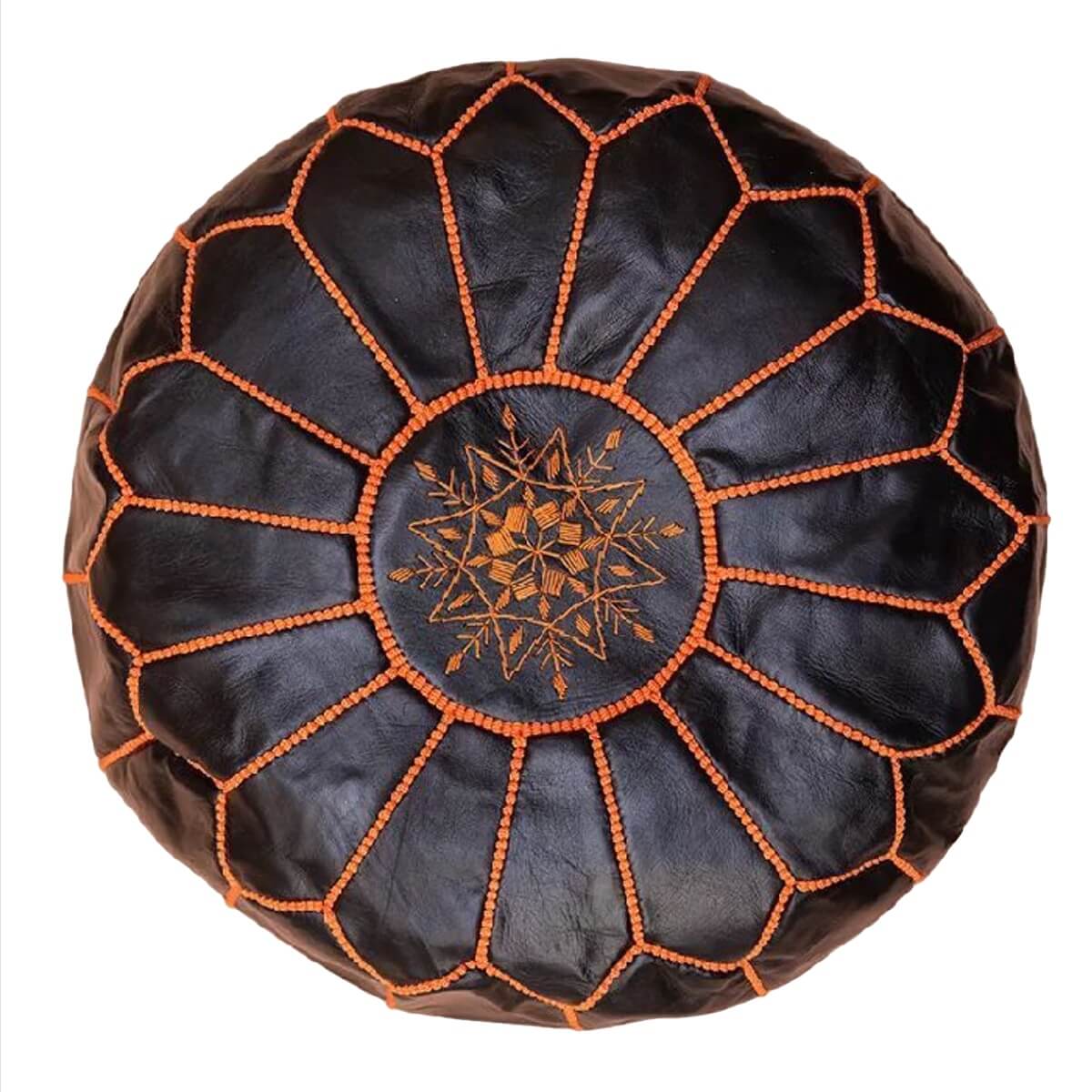 taburet puf marocan din piele naturala de culoare neagra cu cusatura portocalie 