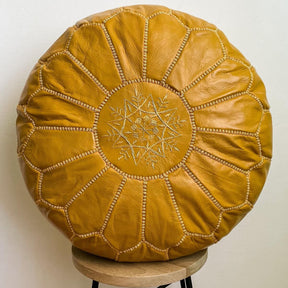 taburet puf autentic marocan din piele naturala de capra, handmade galben, mango+bloom